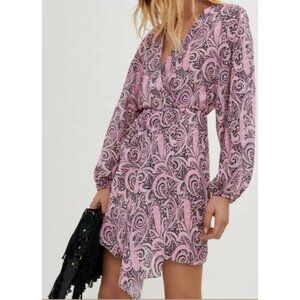 New Maje $445 Pink Paisley Jacquard Voile Metallic Thread Mini Dress Size 42 XL